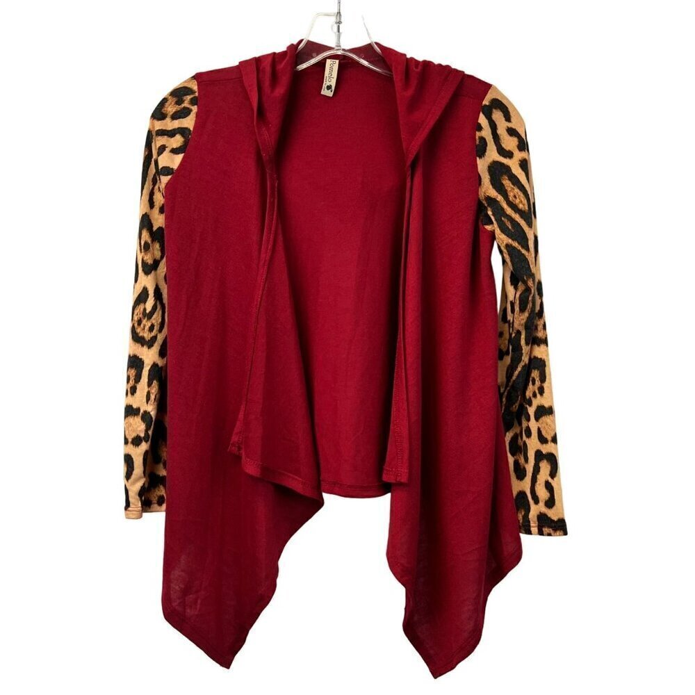 Pomelo Women’s Open Front Hooded Cardigan Red/Multi Animal Print Sleeves L